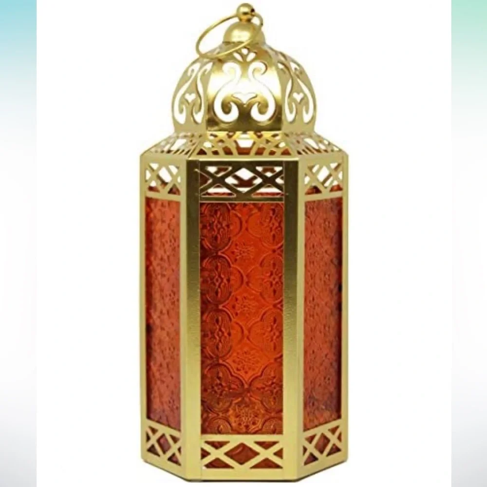 Lanterns Metal Moroccan Decorative Candle Holder. Gold, Amber Glass, Large